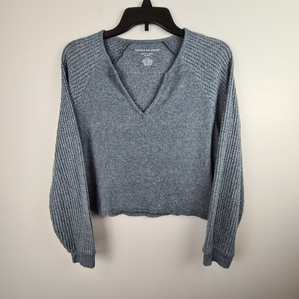 American Eagle Soft & Sexy Plush V-Neck Cropped Sweater Blue Small Ribbed Waffle